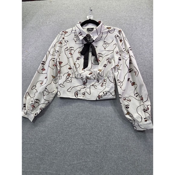 Milk & Honey Face Line Art Cropped Blouse White Black Neck Tie Puff Sleeve M - Picture 3 of 10